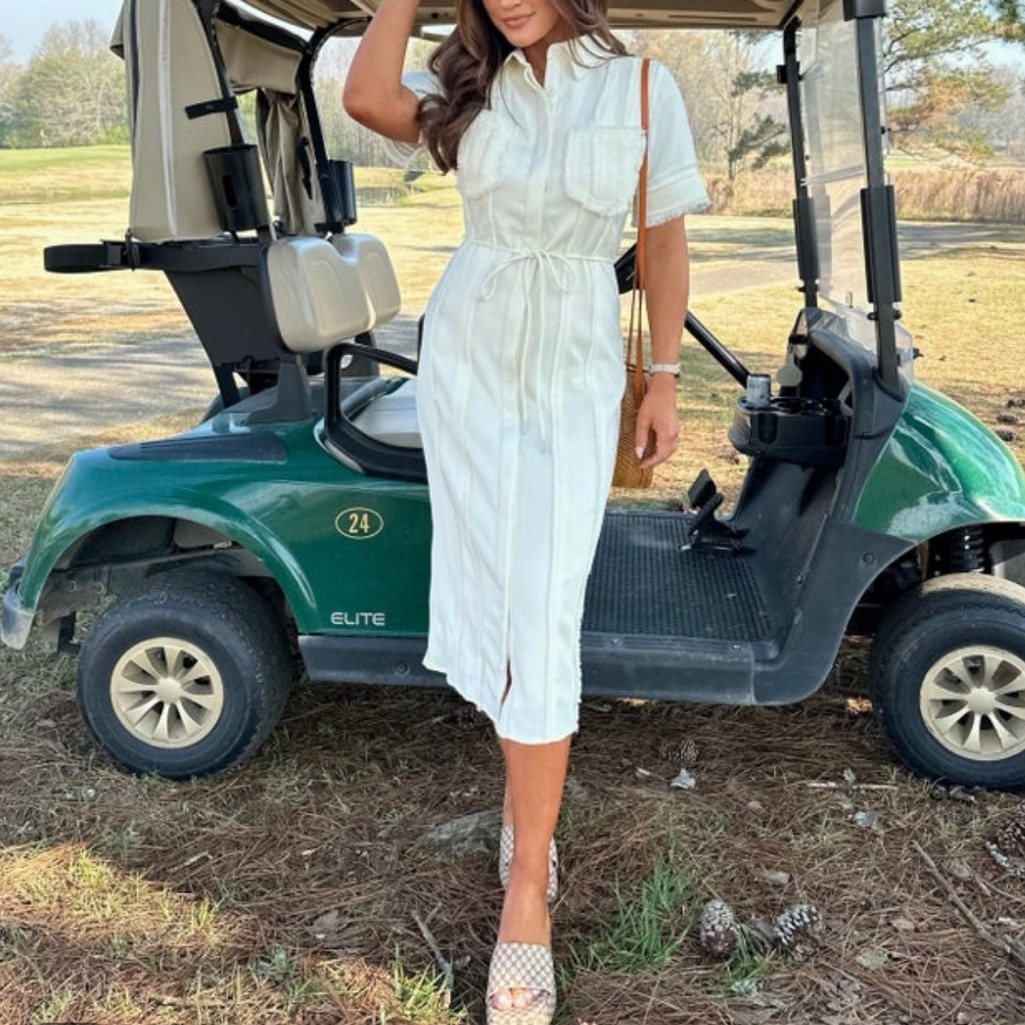 Cream Midi Shirt Dress With Drawstring Waist